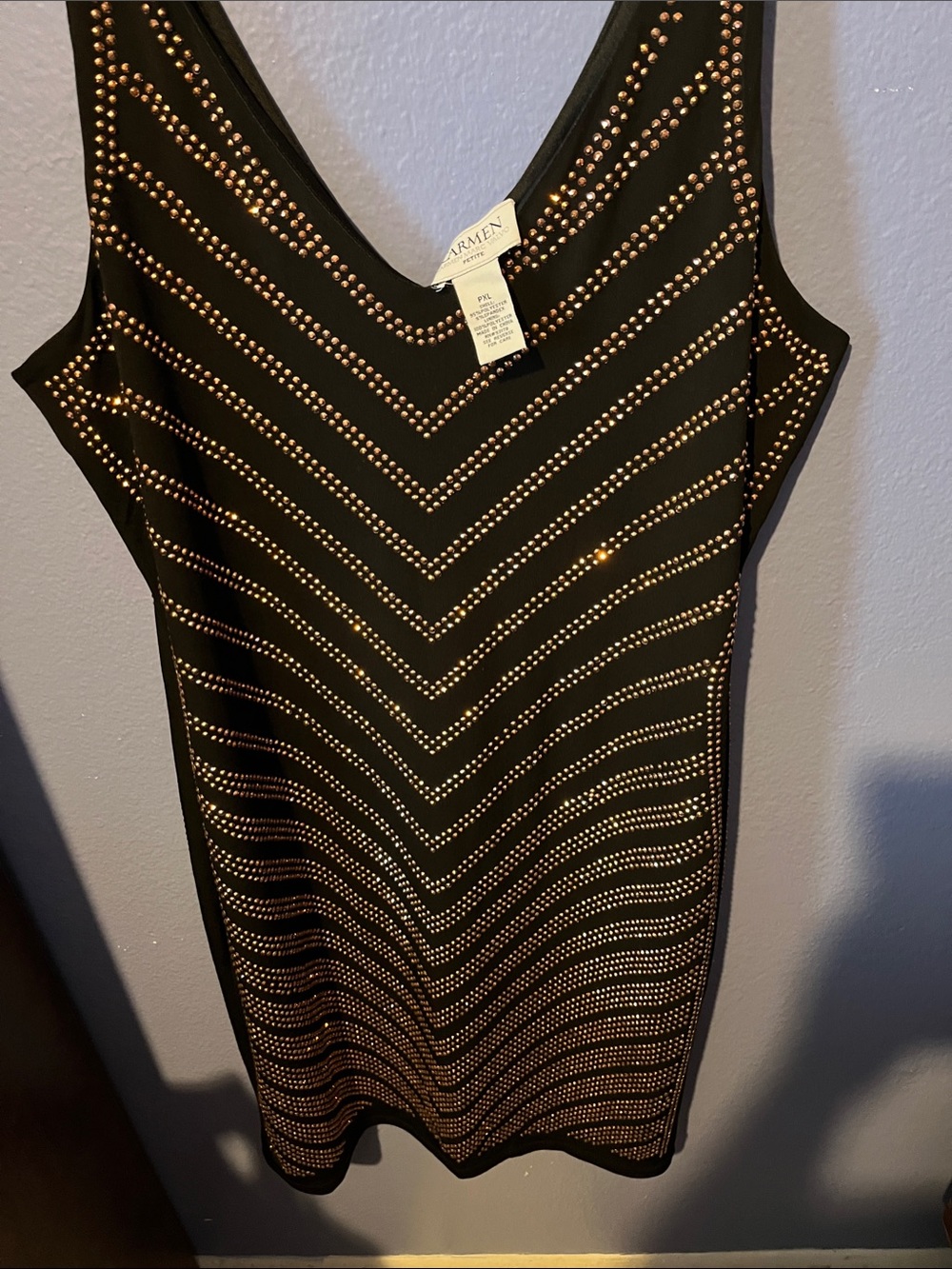 Carmen Marc Valvo Black Mini Dress with Gold Stud Chevron Design